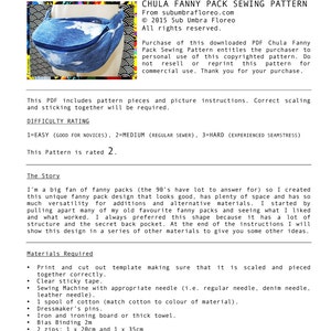 Pode incluir: Um padr&atilde;o de costura para uma pochete, tamb&eacute;m conhecida como bolsa de cintura. O padr&atilde;o chama-se "Chula Fanny Pack Sewing Pattern" e &eacute; de subumbrafloreo.com. O padr&atilde;o inclui instru&ccedil;&otilde;es para fazer a pochete, que &eacute; classificada como um n&iacute;vel de dificuldade de 2, ou m&eacute;dio. O padr&atilde;o inclui uma lista dos materiais necess&aacute;rios para fazer a pochete, incluindo tecido, z&iacute;peres, fita de vi&eacute;s e um fecho de bolsa.