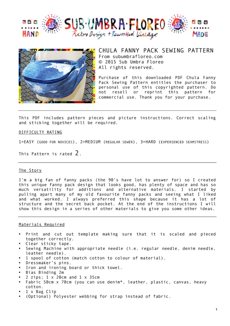 Pode incluir: Um padr&atilde;o de costura para uma pochete, tamb&eacute;m conhecida como bolsa de cintura. O padr&atilde;o chama-se "Chula Fanny Pack Sewing Pattern" e &eacute; de subumbrafloreo.com. O padr&atilde;o inclui instru&ccedil;&otilde;es para fazer a pochete, que &eacute; classificada como um n&iacute;vel de dificuldade de 2, ou m&eacute;dio. O padr&atilde;o inclui uma lista dos materiais necess&aacute;rios para fazer a pochete, incluindo tecido, z&iacute;peres, fita de vi&eacute;s e um fecho de bolsa.