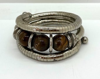 Vintage Mid Century Modern Pewter Bead silver Coil Bracelet