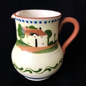 Vintage TORQUAY POTTERY Motto Ware Pitcher Cottage Theme *FLAW* Good Courage