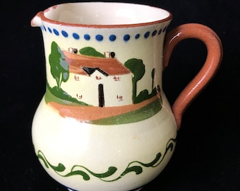 Vintage TORQUAY MOTTOWARE PITCHER: *Flaws* Pottery Cottage Theme “Good Courage”, c.1950’s