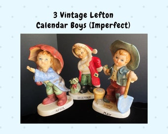 3 Vintage Lefton Calendar Birthday Boys IMPERFECT Figurines #2300 Ceramic April May December