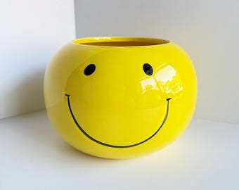 Vintage HAPPY FACE PLANTER: Ceramic Yellow Bowl with Happy Face for Houseplant, Succulents, Candy Jar, c.1970’s