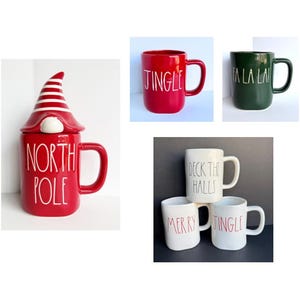 Vintage RAE DUNN CHRISTMAS Pottery: Mugs Fa La La, North Pole with Gnome Hat, Merry, Jingle, Deck the Halls