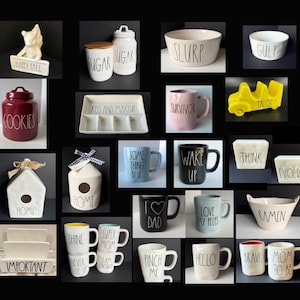 May include: A collection of ceramic kitchenware and decorative items, including mugs, bowls, jars, and a birdhouse. The items feature various colors, shapes, and text such as "COOKIES", "SLURP", "HOME", and "IMPORTANT".
