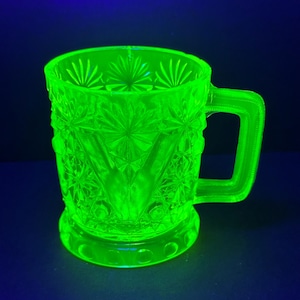 Antique EAPG VANDYKE Mug: Vaseline Uranium Glow *Minor Flaws* Canary AJ Beatty and Sons, Pattern Glass, c.1886