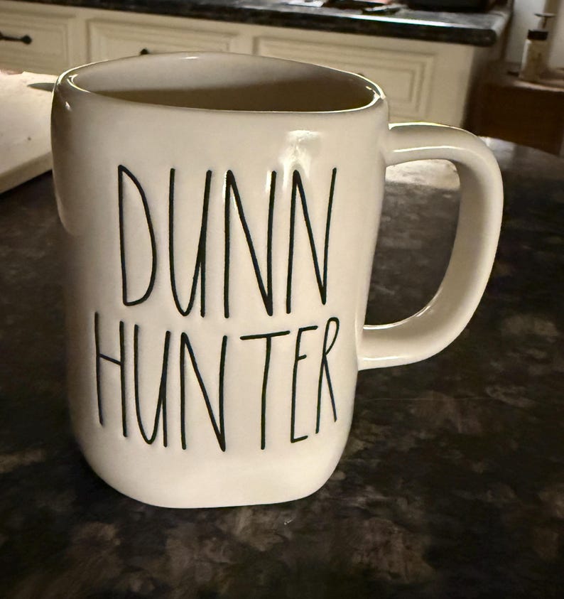 Vintage RAE DUNN POTTERY: *Read* Choice of Bird Houses, Mugs, Canisters, Dogs, Tacos, Office, and More MUG “DUNN HUNTER”