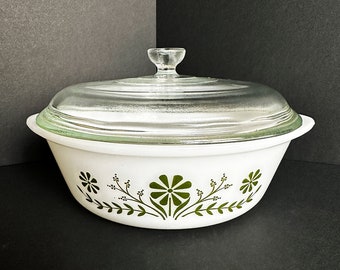 Vintage GLASBAKE GREEN DAISY Casserole: with Glass Lid, J514 2Qt Ovenware Bakeware, c.1970’s