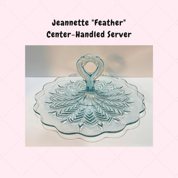 Vintage Jeannette Blue Feather Center-Handled Server Cake Sandwich Tidbit Plate Vintage Glassware