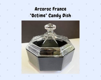 Vintage Arcoroc OCTIME Candy Dish Black Glass Crystal Lid Made in France Discontinued Pattern