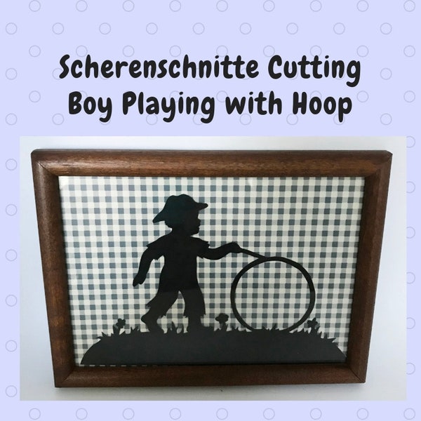 Vintage Framed Handmade Scherenschnitte Paper Cutting of Boy Playing with Hoop 1992