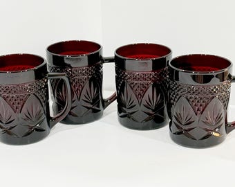 Vintage LUMINARC "ANTIQUE" MUGS: Set of 4, Ruby Red Glass Cristal d'Arques