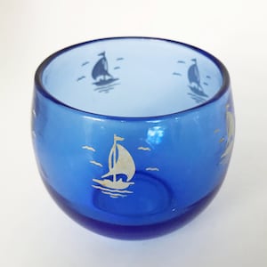 Vintage HAZEL ATLAS SHIPS Roly Poly Tumbler: Cobalt Blue Sportsman Series Depression Glass, 1930’s
