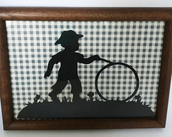 Vintage SCHERENSCHNITTE PAPER CUTTING: Boy Playing with Hoop, Hand Made, Framed, c.1992