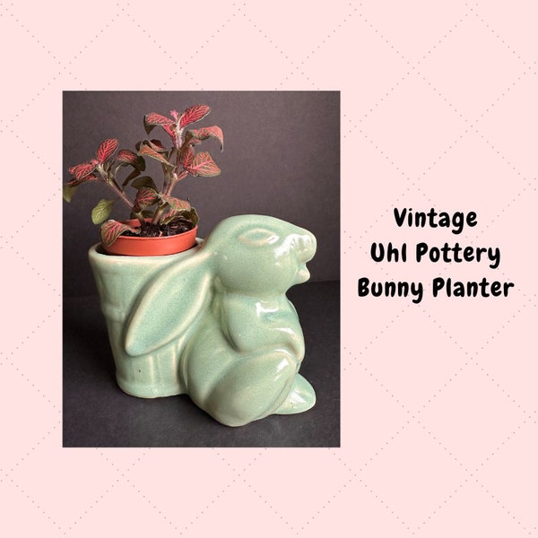 Vintage Uhl Pottery Bunny Rabbit Planter Green Glaze USA Pottery 1940's