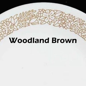 May include: White plate with a floral border in a brown color. The text "Woodland Brown" is displayed on the plate. The floral design includes flowers and leaves.