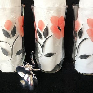 Vintage Bartlett-Collins Tumblers Set of 3 Painted Pink Flowers Black Leaves