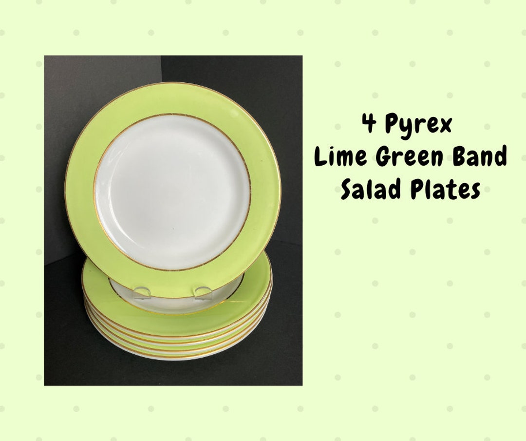 4 Vintage Pyrex Lime Green Band 8 Salad Plates White Etsy