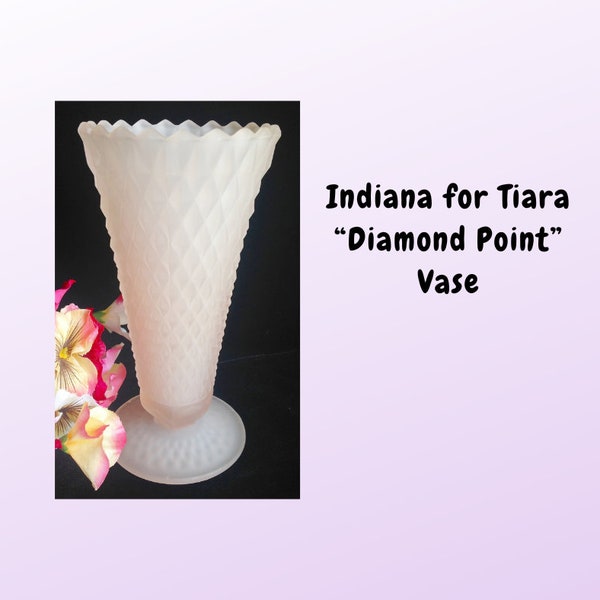 Vintage DIAMOND POINT Pink Satin Flower Vase 8 Inch Frosted Indiana for Tiara Vintage Glassware