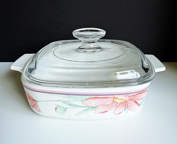 Vintage Corning Ware PEONY CASSEROLE: 1L with Pyrex Lid, Pink Floral Kitchenware Bakeware Ovenware