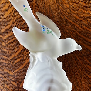 Vintage GLASS BIRD: LE Smith, Satin Frosted Swallow Figurine, Hand Painted Blue Flowers