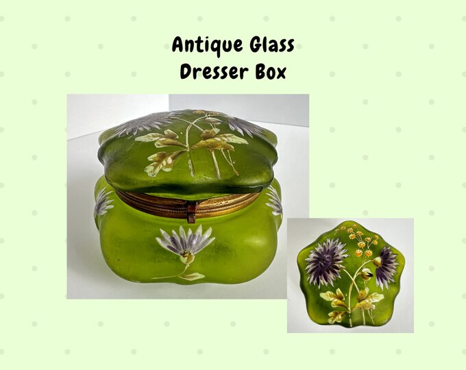 Antique Glass Dresser Box Green Satin Puffy Glass With Hand Painted
