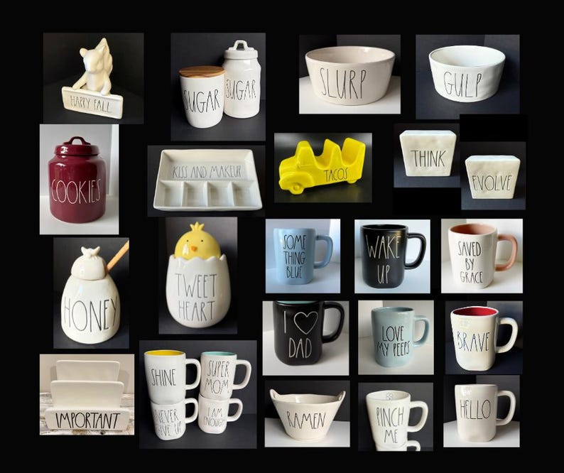 May include: A collection of ceramic kitchenware including mugs, bowls, canisters, and trays featuring black handwritten-style text such as Sugar, Cookies, Slurp, Gulp, Tacos, Think, Evolve, Honey, Tweet Heart, Dad, Brave, Hello, and Important.