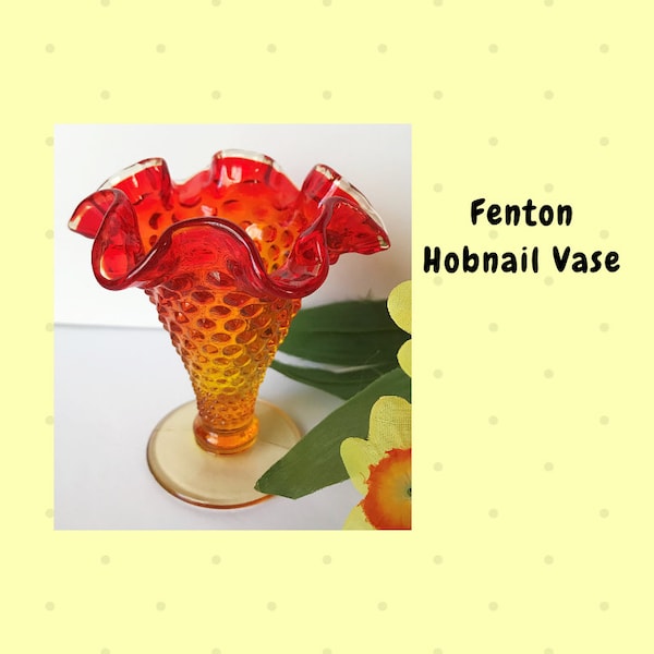 Vintage Fenton HOBNAIL Vase Fluted, Footed 4-Inch Orange Yellow Amberina-Like Vintage Glassware