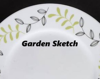 Vintage Corelle GARDEN SKETCH Replacements: Set of 4 Plates, Green and Black Rings on White, 2000’s Tableware