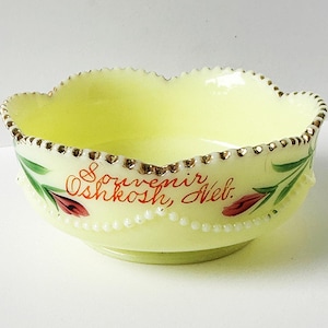 EAPG HEISEY Beaded Swag Bowl Souvenir Oshkosh, Neb. Custard Uranium No. 1295 Antique Pattern Glass 1889