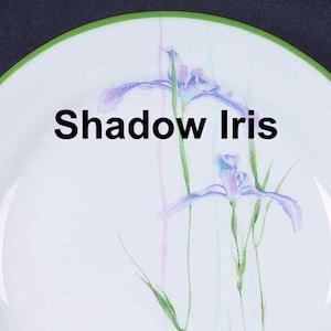May include: A white ceramic dinner plate with a green rim features a delicate floral design of purple and pink irises on a white background. The text "Shadow Iris" is printed in black on the plate.