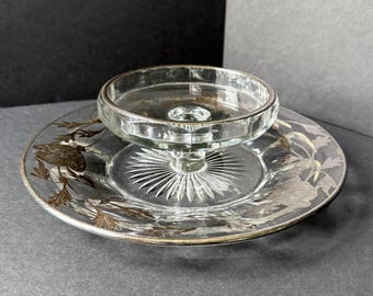 Vintage HEISEY CHEESE & CRACKER Dish: Colonial Panel with Silver Overlay of Flowers, Chip and Dip