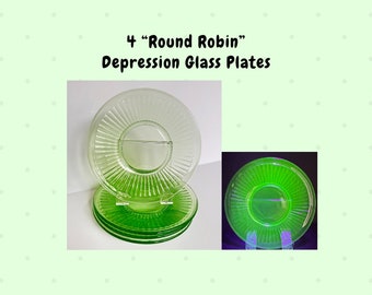 4 ROUND ROBIN Green Plates Depression Glass 1930's Uranium GLOW Vintage Glassware