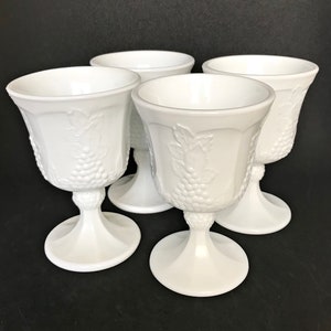 4 Vintage HARVEST Milk Glass Goblet Set Indiana Grapes Wine Water Footed