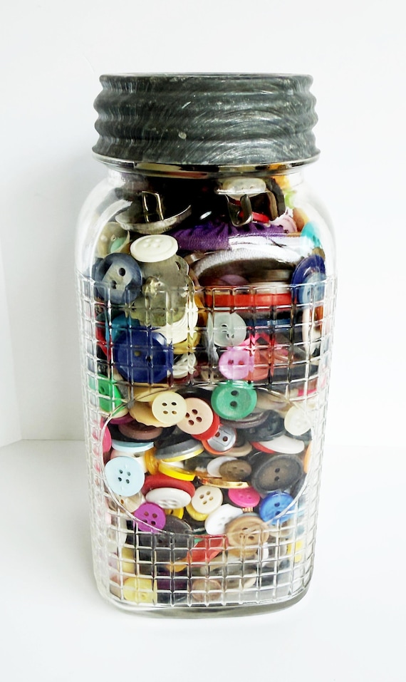 BUTTONS in Vintage CANNING JAR Crosshatch Pattern with Ball Zinc Milk Glass Lid