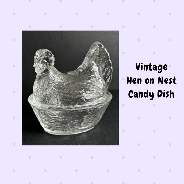 Vintage Glass Hen on Nest Candy Dish Nesting Hen Trinket Box with Lid Chicken on Basket