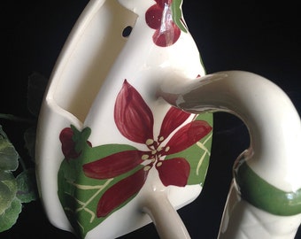 Vintage WALL POCKET VASE: Clothes Iron, Ceramic, Hand Painted Poinsettia Flowers, Laundry Decor