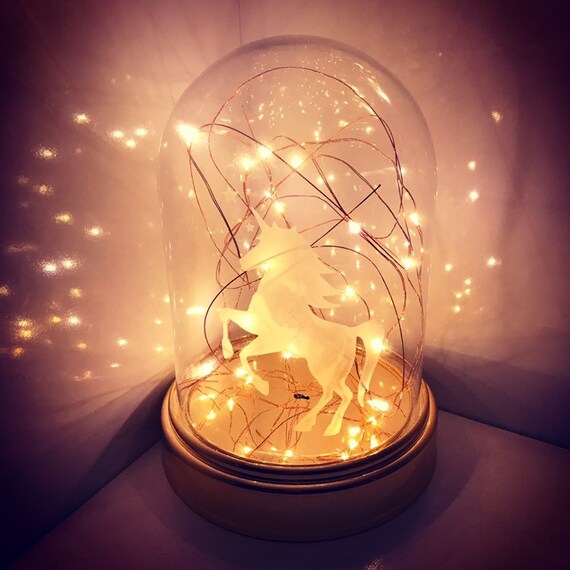 Unicorn Glass Dome With Led Lights Nursery Kids Room Decor