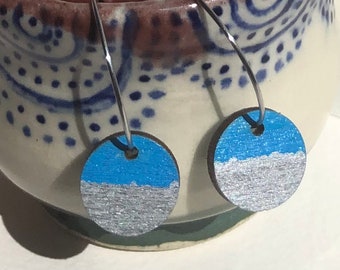 Peaceful Small Round Blue and Silver Hand Painted Wood Earrings