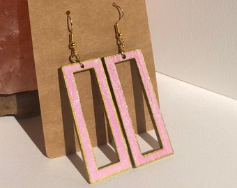 Abundance Hand Painted Pink and Gold Hollow Rectangle Long Wood Earrings with Hooks