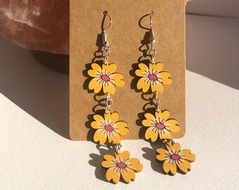 Happiness Colorful Hand Painted Yellow Wood Flowers Dangle Earrings