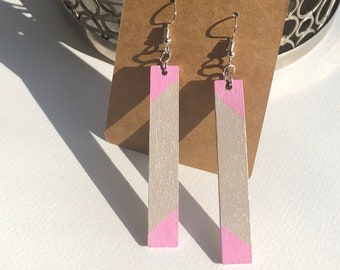 Harmony Pink and Neutral Hand Painted Long Rectangle Earrings with Hooks