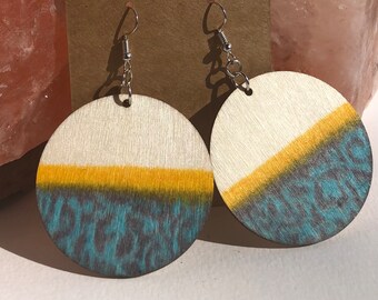 Tranquility Big Hand Painted Blue and Yellow Circle Earrings with Hooks