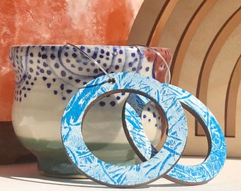 Serenity Blue and White Hand Painted Large Wood Hoop Earrings