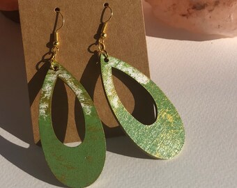 Dreamy Green and Gold Hand Painted Wood Hollow Teardrop Earrings with Hooks Perfect for St. Patrick’s Day