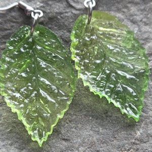 May include: A pair of green leaf earrings. The earrings are made of a translucent green material with a textured surface and a jagged edge. They are suspended from silver-coloured ear wires, offering a nature-inspired aesthetic.