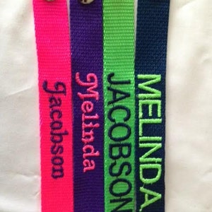 LUGGAGE TAGS - 2 sided tag w/grommet, key ring or clip- embroidered, personalized.  Use for Tool bags, Gym bags, luggage, backpacks.