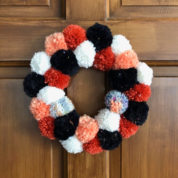 8in Handmade Yarn Pom Pom Door Wreath, Multi Color