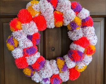 14in Handmade Yarn Pom Pom Door Wreath, Multi Color