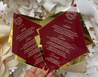 Gold & Red Mirror Acrylic Wedding Menus